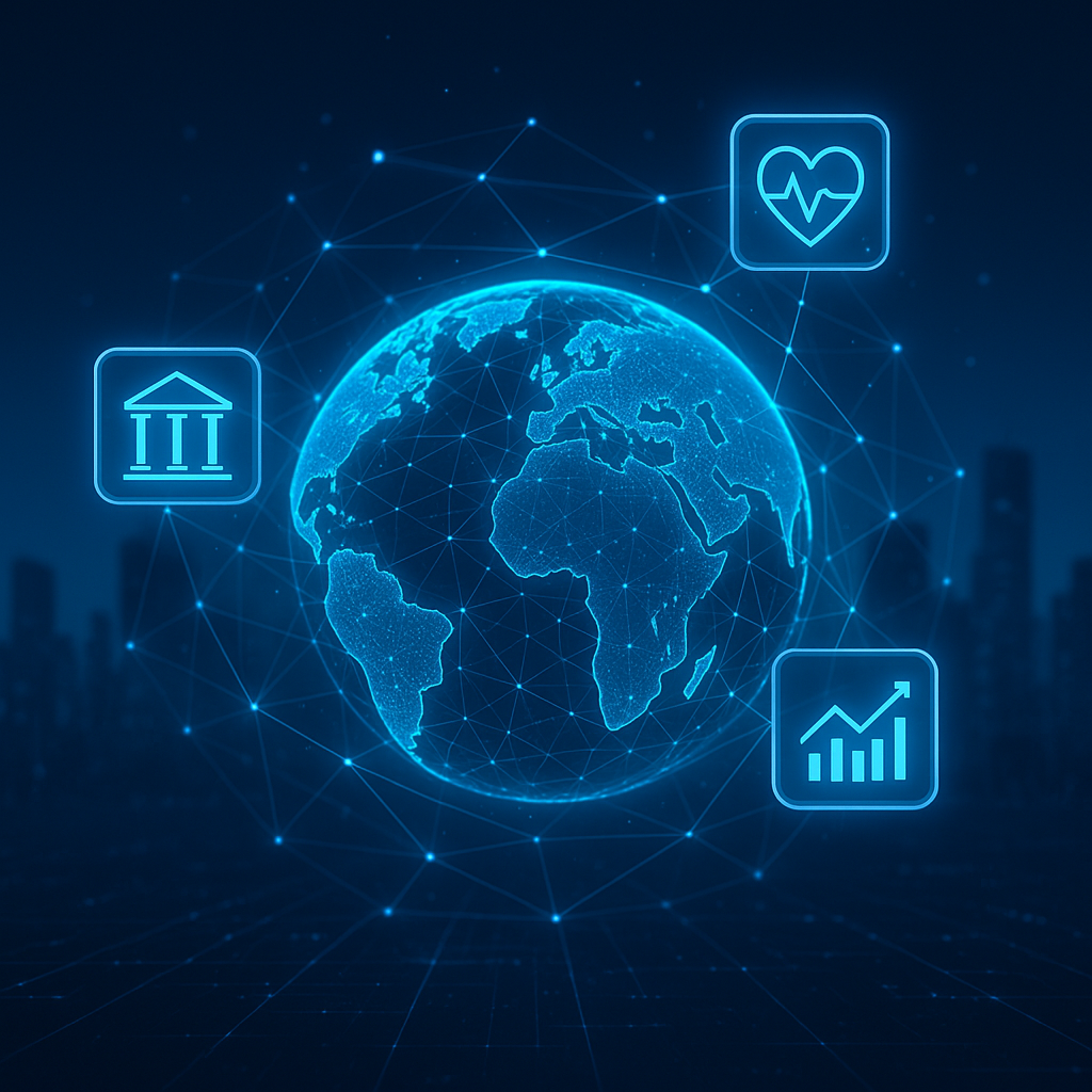 Global digital connections showing banking, healthcare, and data analytics icons